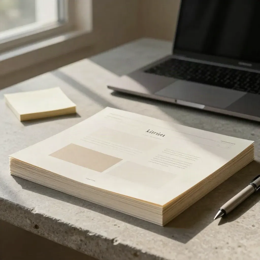 Gestapelde webpagina-proeven op steen met laptop, post-its en pen in koel ochtendlicht.