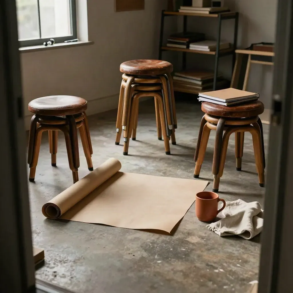 Lege workshopcirkel met krukjes, stiften en kraftrollen in warm middaglicht.