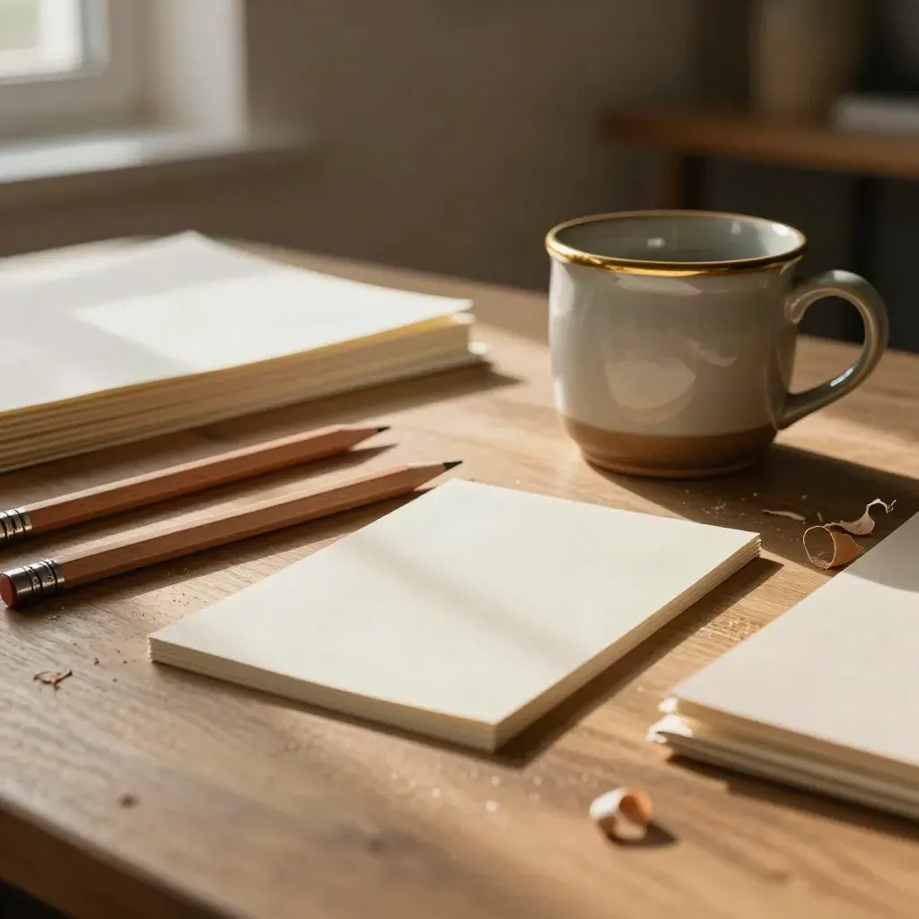 Workshoptafel met geslepen potloden, kaartjes en stenen mok in warm atelierlicht.