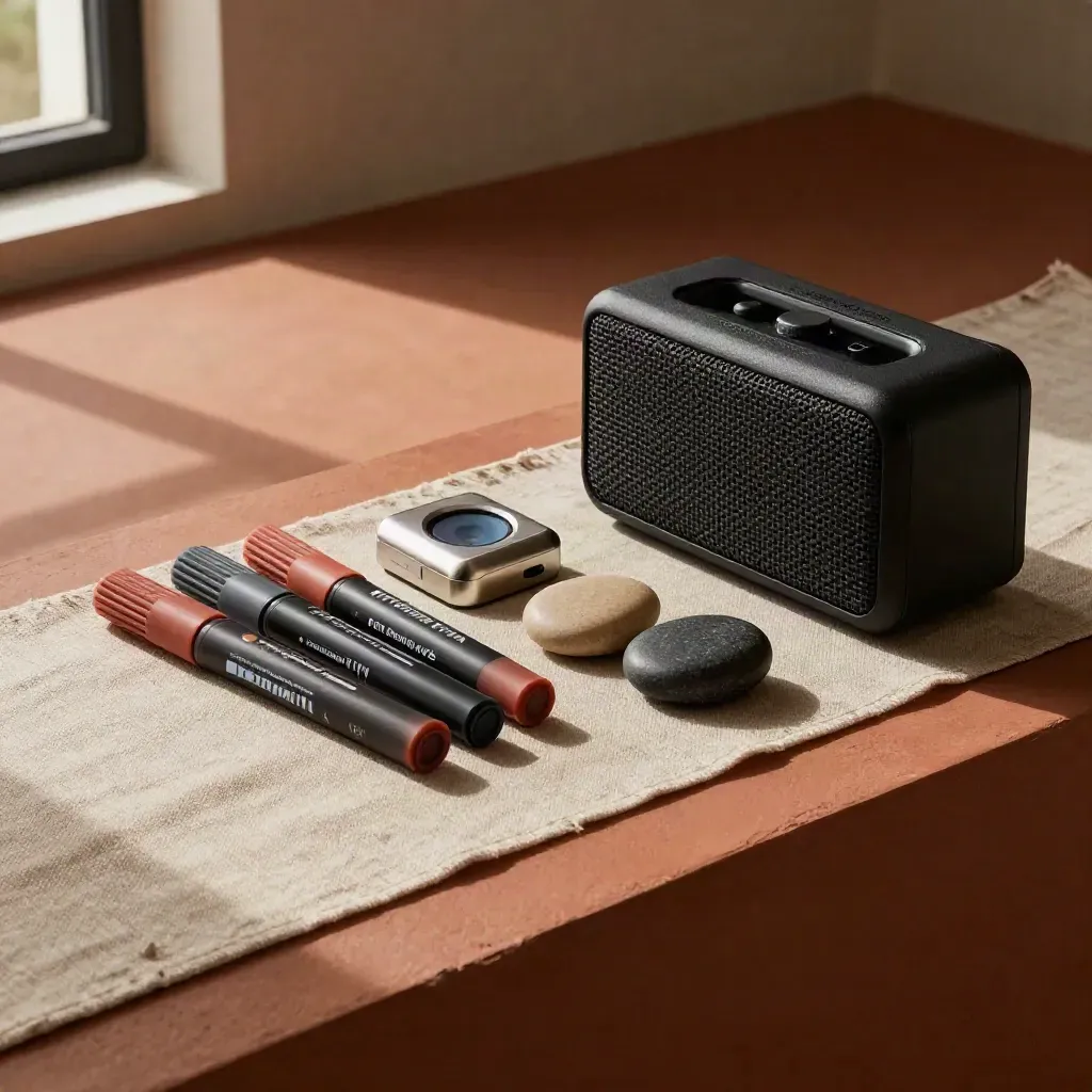 Workshoptools op linnen: markers, timer, speaker en stenen in warm terracotta licht.