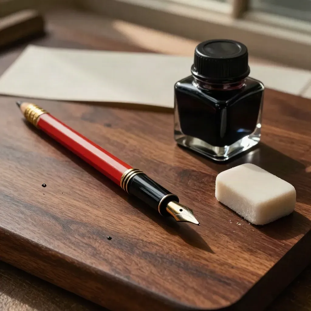 Een pen, potlood, inktfles en gum op donker walnoothout in dramatisch licht.
