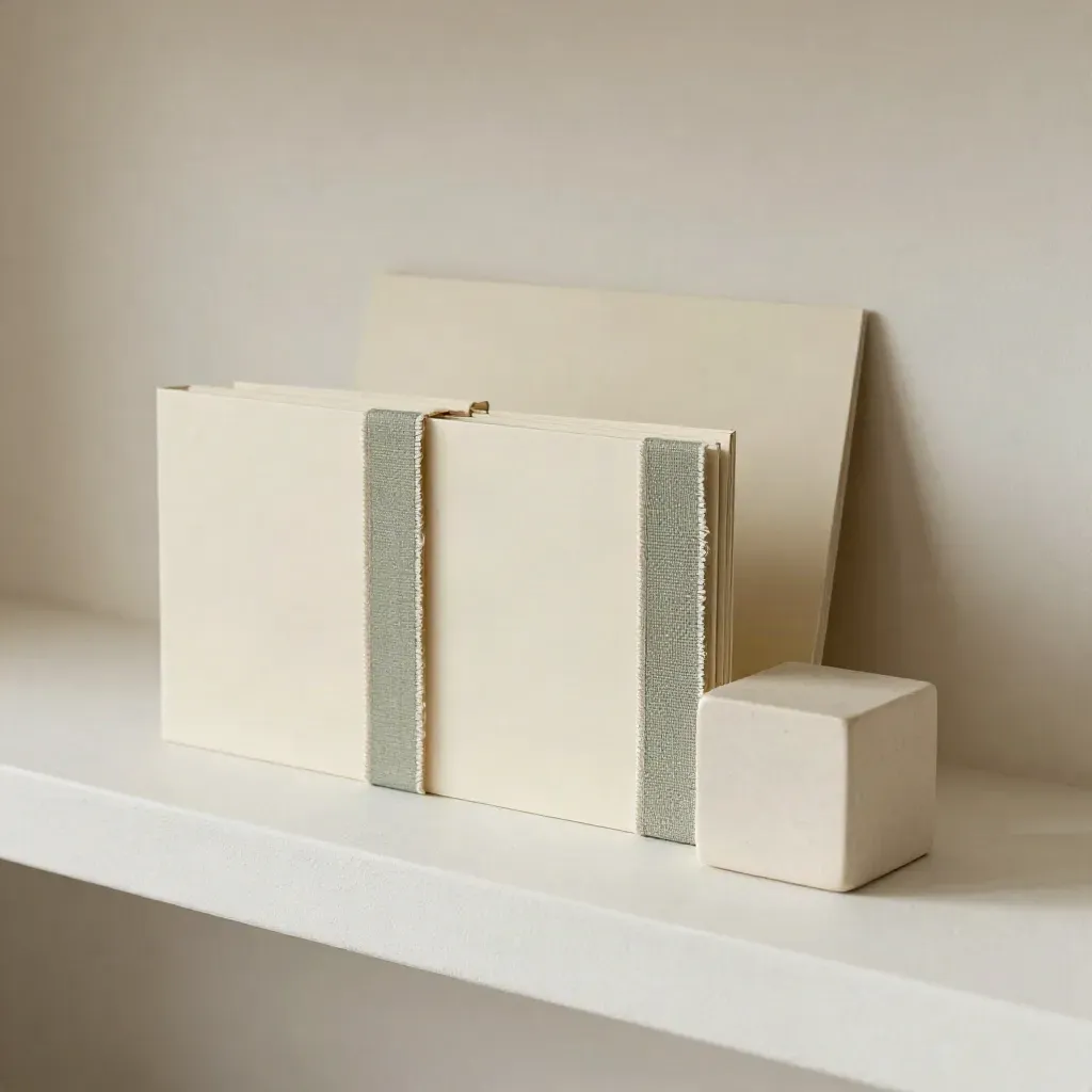 Minimalistische stilleven met kaartdividers, linnen strook en keramische kubus op een lichte plank.