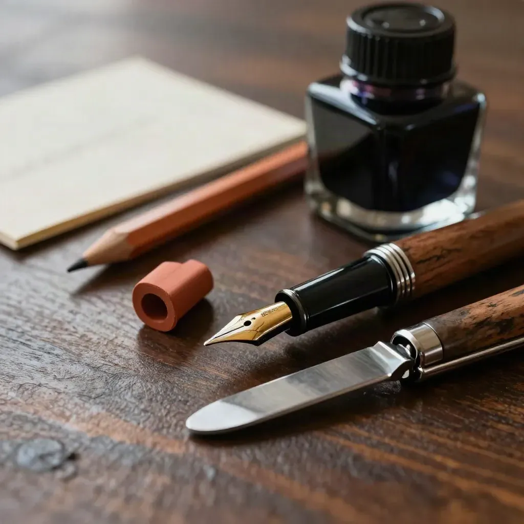 Schrijfgerei op donker hout: pen, inkt, potlood en papiermes in close-up.