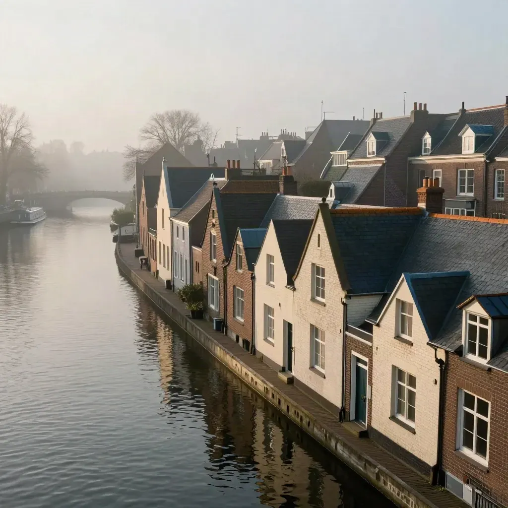 Mistige Amsterdamse grachtbocht met daken in zacht ochtendlicht en rustige waterpartij.